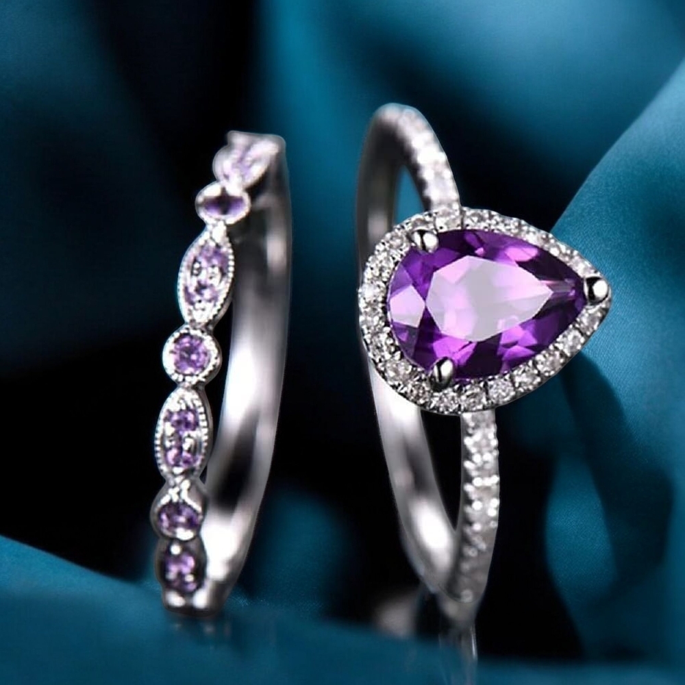 Elegant Silver Plated Purple Teardrop Ring Size US 8